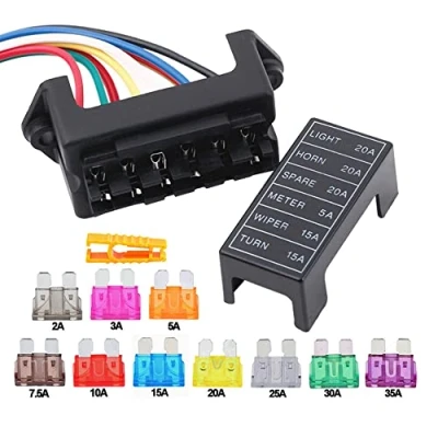 Imagen de Aiqeer 6 Vías Portafusibles Coche con Precableado, 2 Entradas 4 Salidas Bloque Fusibles Cuchilla Estándar, Caja Marino 10 Piezas Estándar (12V / 24V 32V 48V Universal)