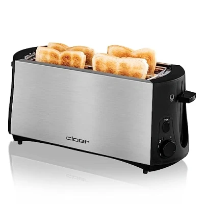 Imagen de Cloer 3719 Tostadora de ranura larga para 4 tostadas, 1380 vatios, calentador panecillos incluido, dispositivo post elevado, bandeja las migas, aislada térmicamente, acero inoxidable