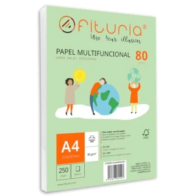 Imagen de Paquete de folios A4 80gr con 250 Hojas Blancas, Papel Multifuncional para Uso Escolar y Entornos Laborales. Ideal impresoras láser, inyección o fotocopiadoras Ofituria