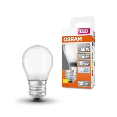 Imagen de OSRAM LED Star Classic en forma clásica de mini bola, 5,5 W / 806 lm, luz blanca fría (4000 K), CRI 80, fabricada vidrio esmerilado sin plomo, casquillo E27, IP20, EEK D, 45 mm DM, 6 embalar