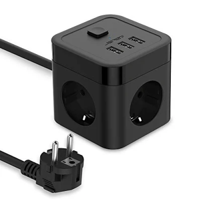 Imagen de JSVER Cube Regleta Enchufe con USB de 3 Tomas Puertos Alargadera Electrica(3680W 16A) para el hogar, la Oficina y los ViajesCable 1,5 m Negro