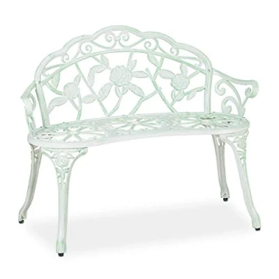 Imagen de Relaxdays Banco Jardín Retro, 2 Plazas, Rosas, Envejecido, 78 x 98 55,5 cm, Aluminio y Hierro Fundido, Verde Blanco
