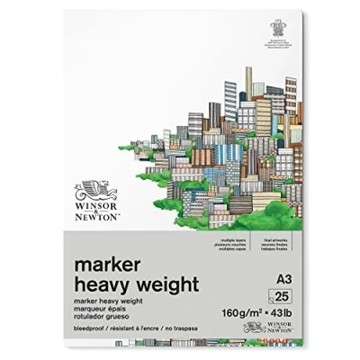 Imagen de Winsor &amp; Newton Bloc de papel para rotulador grueso, 160g, A3 (25 hojas, sin cloro ni ácidos, resistente al envejecimiento, todo tipo rotuladores a base alcohol), Blanco, 6002013