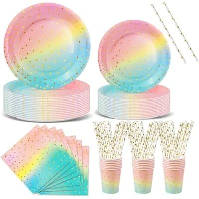 Imagen de Nkaiso 120 Piezas Arcoiris Oro vajilla Fiesta Cumpleaños, Platos y Vaso Cumpleaños Infantil, Juego de Fiestas Desechable Servilletas para Party Decoración Baby Shower 24 Invitado