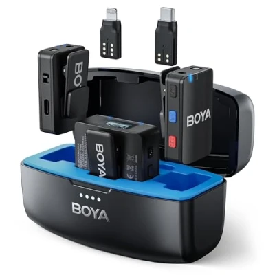 Imagen de BOYA micrófono Lavalier inalámbrico MIC para cámara de smartphone iPhone Android, grabación integrada, rango 650 pies, duración la batería 10 horas, solapa con clip