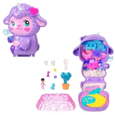 Imagen de Polly Pocket Corderito de ensueño Estuche Conjunto juego y muñecos, juguete viaje con una muñequita, un unicornio a modo mascota, comida accesorios moda, JCB15