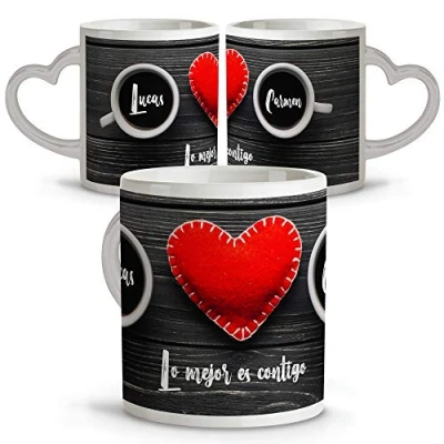 Imagen de Tazas de Café Originales Personalizadas con Frase/Nombre. Asa Corazon. Regalos San Valentin Personalizados. Taza Cerámica. Corazon