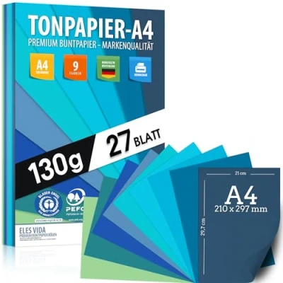 Imagen de 27 hojas de Papel dibujo tonos azules acuarelas DIN A4 130 g/m² Juego 9 colores estable para manualidades niños, azul marino, mar, océano, ángel y certificado PEFC,