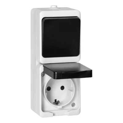 Imagen de Miratic Enchufe Pared IP54 con Interruptor Superficie Blanco y Negro Schuko 2P+T Alta Resistencia Seguridad