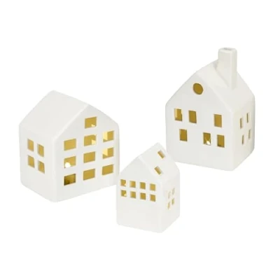 Imagen de casa de cerámica LED blanca Juego 3 Decoración pueblo navideño funciona con pilas iluminación en blanco cálido mesa Navidad invierno