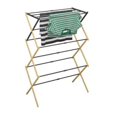 Imagen de Relaxdays Tendedero Plegable, 11 Varillas, 5 Niveles, 105,5 x 43 75 37,5 cm, Extensible, Metal y Bambú, Natural/Negro, Plástico, Hierro