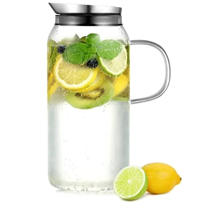 Imagen de ecooe Jarra de Agua Cristal 1,5 Litros Vidrio con Tapa Acero Inoxidable Transparente Borosilicatado para Fría/Caliente, Zumo, Leche, Café, Té