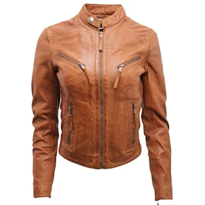 Imagen de Infinity Chaqueta de Cuero Marrón del Motorista Las Mujeres Ocasionales 10