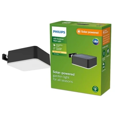 Imagen de Philips Lighting Aplique pared Exterior Vynce, alimentación solar, formato cuadrado, 1.5W, 2700K,negro, resistente a intemperie IP44
