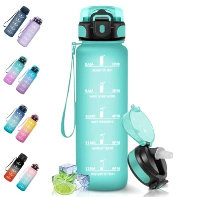 Imagen de Motswedi Botella Agua, 1000ml Sin BPA, Agua Gimnasio con Pajita, Reutilizable, de a Prueba Fugas, Cantimplora, para Gym, Escuela, Yoga, Camping, Azul Verde