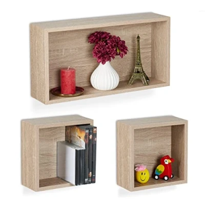 Imagen de Relaxdays Juego Forma Estantería de Pared Cubo, Set 3, Estante Colgante Efecto Madera, 2 Tamaños, Rectangular y Cuadrado, Natural, Tablero Fibras, 25x49x12 cm