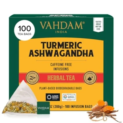 Imagen de VAHDAM, Turmeric Ashwagandha Tisana (100 Piramidales Bolsitas De Té) Libre Cafeína Cúrcuma Y Especias Frescas, 100% Pura Natural Caliente, Frío O Como Kombucha