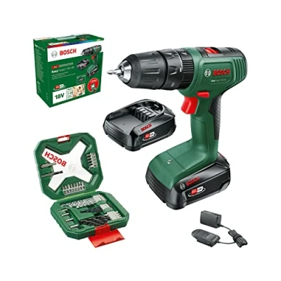 Imagen de Bosch Home and Garden taladro percutor a batería EasyImpact 18V 40 (2x de 2,0 Ah, sistema 18 V, set destornilladores y brocas para madera, piedra metal 34 piezas, en caja)