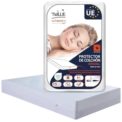 Imagen de Twillie Funda de colchón integral 120x190x20 cm Impermeable Anti chinches Oeko TEX® Protector completo con cremallera Tratamiento AEGIS® ácaros, antibacteriano Fabr. en la UE