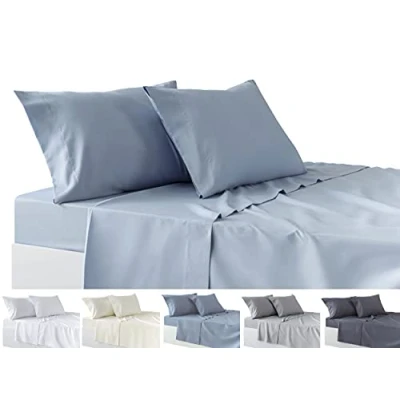 Imagen de Todocama Juego de Sábanas 4 Piezas Sábana Bajera Ajustable Encimera Dos Fundas Almohada 50x80cm. (Cama 200 200x190/200 cm, Azul Claro)