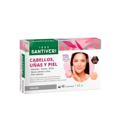 Imagen de SANTIVERI Cabellos, Uñas y Piel, Complemento Alimenticio a Base de L Cistina, Levadura Cerveza, Biotina Vitaminas, que Contribuyen Mantener el Estado del Cabello, Piel 48 Comprimidos