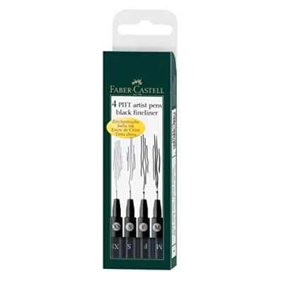 Imagen de Faber Castell 167115 Pack de 4 rotuladores Pitt Artist Pens Black Fineliner, surtido puntas, XS, S, F, M, color negro