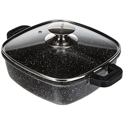Imagen de Kamberg Olla Cuadrada 24 x cm, aluminio fundido, revestimiento piedra, tapa de cristal, todo tipo fuentes calor, incluida la inducción, sin PFOA, negro