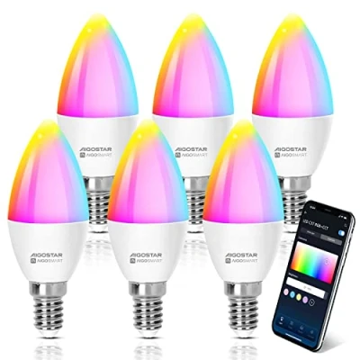 Imagen de Aigostar Bombilla Inteligente E14 Alexa LED 6.5W Bombillas Wifi RGB &amp; 2700K 6500K Regulable, Sincronización con la música, Conexión rápida, compatible y Google Home, 6 Unidades.