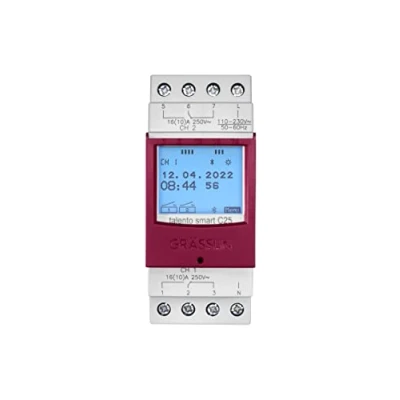Imagen de GRÄSSLIN 43.03.0002.1 Talento Smart C25 Interruptor Horario Digital con Interfaz Inalámbirco Bluetooth 4.0 2 Canales Montaje Carril DIN Programación Movil a través de la App AC 110 230 V