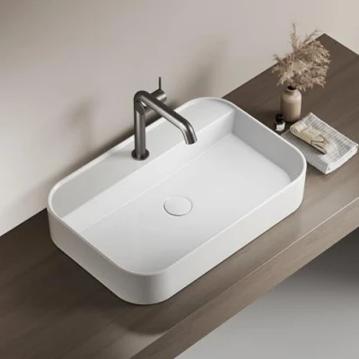 Imagen de EMKE Lavabo Rectangular para Baño y Aseo de Invitados 60 x 40 11 cm, Cerámica, Blanco