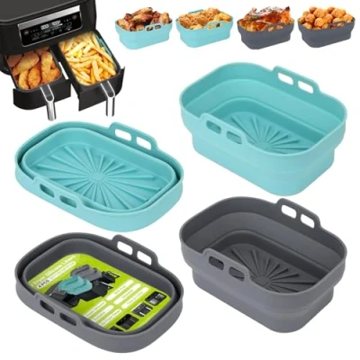 Imagen de Alyvisun Molde Silicona Freidora de Aire, 4 Piezas Moldes Air Fryer Reutilizable Utensilios Bandeja Aire Cesta Recipiente Airfryer Formas Cestillo Base para Microondas, Horno (Azul+Gris)