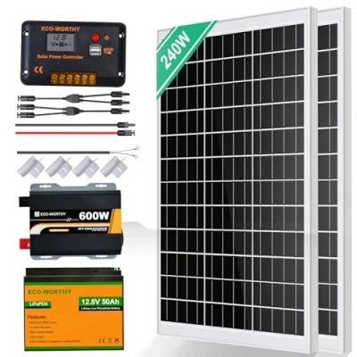Imagen de ECO WORTHY 240W Sistema solar kit completo para autocaravanas: 2 * 120W módulos solares + 30A regulador de carga+ 1 50AH batería litio+ 6000W inversor onda sinusoidal