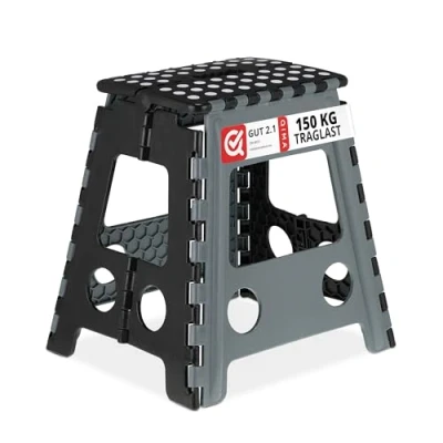Imagen de Relaxdays Taburete Plegable XL, 1 Escalón, Banqueta con Asa, hasta 150 kg, Plástico, 39 x 32 cm, Gris/Negro, 39,5 38,5 cm