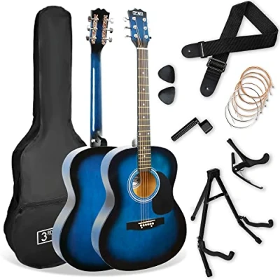 Imagen de 3rd Avenue Pack de guitarra acústica tamaño estándar 4/4 para principiantes Avenue, funda transporte, púas, cuerdas repuesto, soporte, correa, cejilla Azul