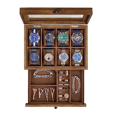 Imagen de SONGMICS Caja de Relojes con 8 Ranuras, Estuche Madera 2 Niveles Tapa Cristal, Almohadillas, Forro Terciopelo, Regalo Seres Queridos, Nogal Rústico JOW008K01