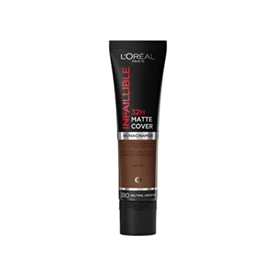 Imagen de L&#039;Oreal Paris Cover Base líquida, con 4% de niacinamida, larga duración, acabado natural, disponible en 20 tonos, SPF 25, cubierta mate infalible 32H, tono 380, 30 ml