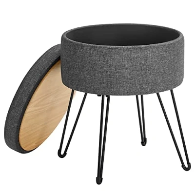 Imagen de SONGMICS Puff Almacenaje, Baul Banco Almacenaje Redondo, Taburete de Tocador, Capacidad 13,4 L, Patas Metal, Asiento Acolchado, Gris Oscuro LOM002G02