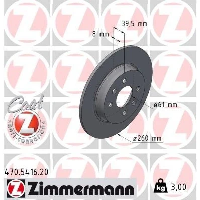 Imagen de ZIMMERMANN Disco de freno RENAULT: Clio V Hatchback 260mm 8mm 6/4 4Taladro(s) 100mm macizo revestido 470.5416.20 Discos freno,