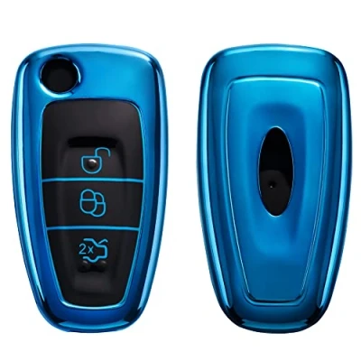 Imagen de kwmobile Carcasa para Mando Compatible con Ford Llave de Coche Plegable 3 Botones Funda Llaves TPU Azul Brillante