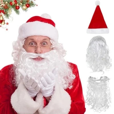 Imagen de Gxlaihly 3 Piezas Peluca de barba Papá Noel,gorro navideño,Santa peluca,Santa barba,Barba Noel Blanca,Peluca para disfrazarse