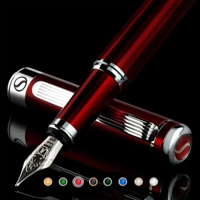 Imagen de Scriveiner Pluma Estilográfica Deep Crimson Red Plumilla (mediana) y Convertidor Instalado Schmidt, Incluye Dos Cartuchos de Tinta, Azul Negro
