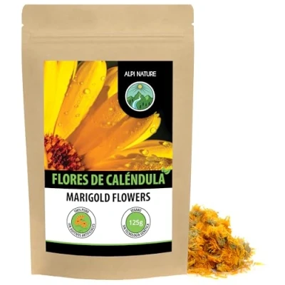 Imagen de flores de caléndula (125g), té caléndula, enteras, naranja, suavemente seca, 100% pura y natural para la preparación té, hierbas, comestibles
