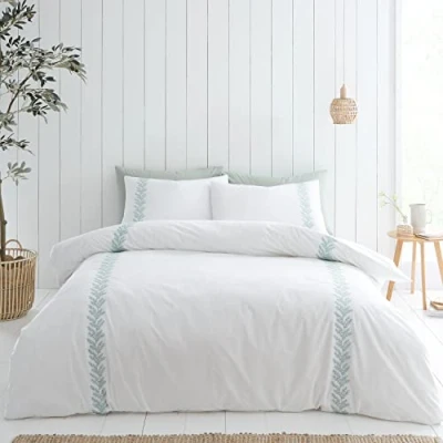 Imagen de Bianca Fine Linens Juego de Funda edredón con Fundas Almohada algodón 180 Hilos, diseño Hojas Bordadas, Color Blanco y Verde