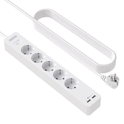 Imagen de Regletas Enchufes con 3 Metros, NTONPOWER Regleta de para Montaje en Pared, 5 Tomas y 2 Puertos USB, Protección contra Sobrevoltaje, Blanco