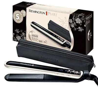 Imagen de Remington Plancha de Pelo Pearl, Cerámica Avanzada con Perla, Placas Flotantes Extralargas, Temperatura hasta 230C, Función Turbo, Digital, Calentamiento 10s, Color Blanco Y Negro, S9501, 110mm