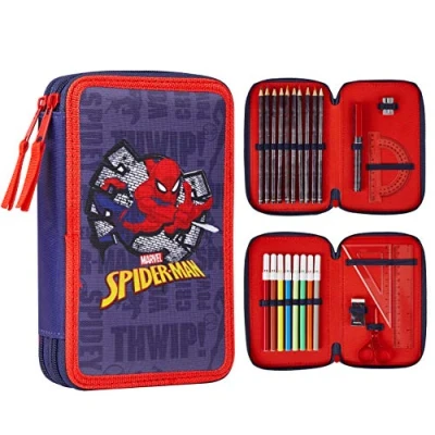 Imagen de Marvel Estuche Escolar con Artículos de Papelería Niño Material Incluye Lápices para Colorear, Rotuladores Colores y Más Cosas (Spiderman Doble Zip)