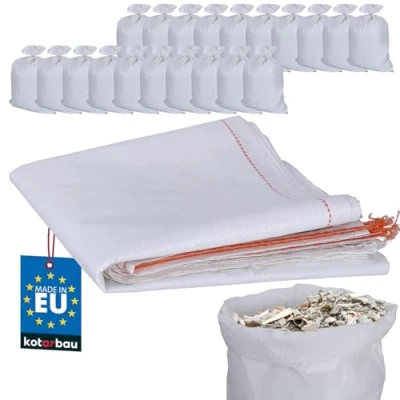 Imagen de KOTARBAU® 20 x Saco de rafia polipropileno, 55 80 cm, Bolsas para obras y transporte materiales, Color blanco, escombros, tierra o cereales, Resistentes, Hasta 30 kilos, unidades