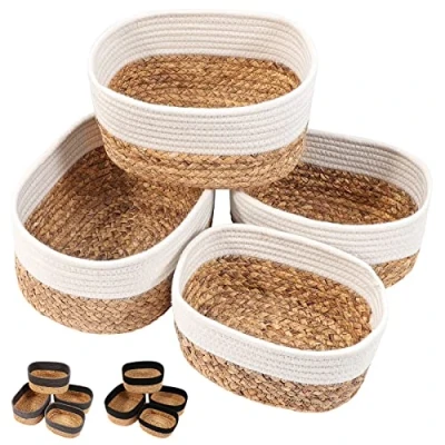 Imagen de Lannvan Juego de 4 Cestas Almacenaje Tejidas con jacinto Agua y Algodón,Cestos Organizadores,Cesta Organizadora Bebe,Cestas Organizadoras para Baño,Armarios,Salones,Cocina,Blanco crema