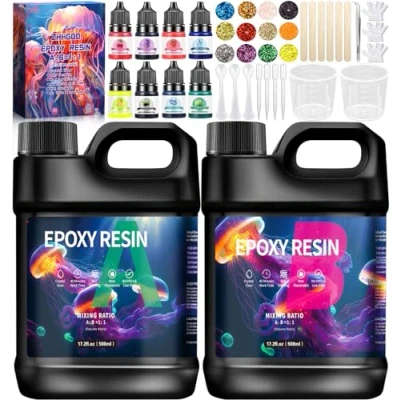 Imagen de ZHHGOO Resina Epoxi Kit, 1016ml Transparente, 1: 1 Kit Epoxi, Transparente con Purpurina, Pigmento, Manualidades para Bricolaje, Artesanía, Llavero