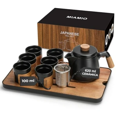 Imagen de MIAMIO Juego de té japonés/chino 6 x 100 ml/Tetera asiática 620 ml con infusor para té, tazas tradicional japonés amantes del té/hombres/mujeres (Negro)